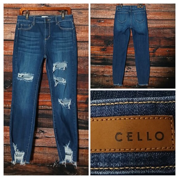 Cello Jeans Size 11 Ankle Crop High Rise Distressed Raw Hem Blue Denim Stretch - Picture 1 of 9